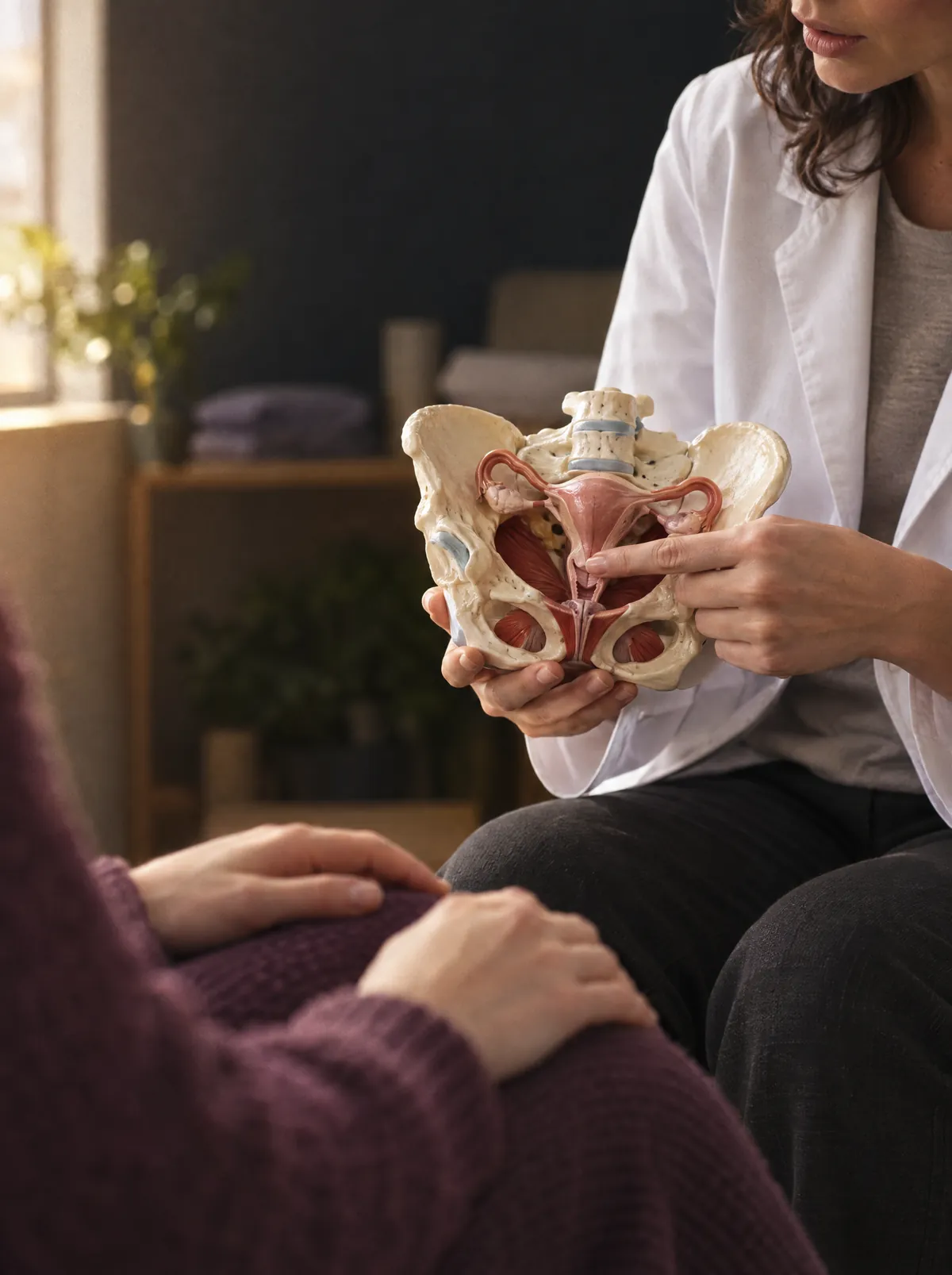 Mãos da fisioterapeuta apontam um modelo anatômico da pelve para explicar a anatomia à paciente