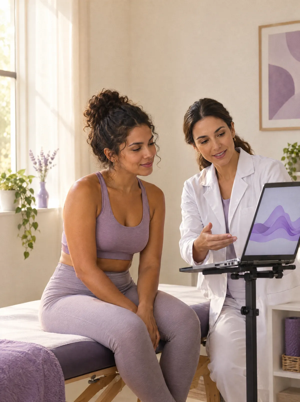 Fisioterapeuta mostra na tela do biofeedback a atividade do assoalho pélvico para a paciente