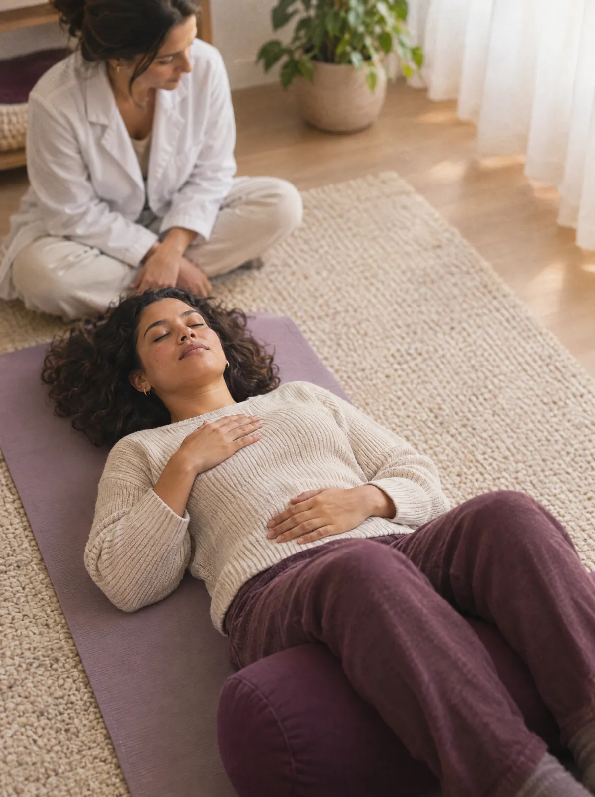 Paciente deitada no tatame faz exercício de respiração e relaxamento, orientada pela fisioterapeuta