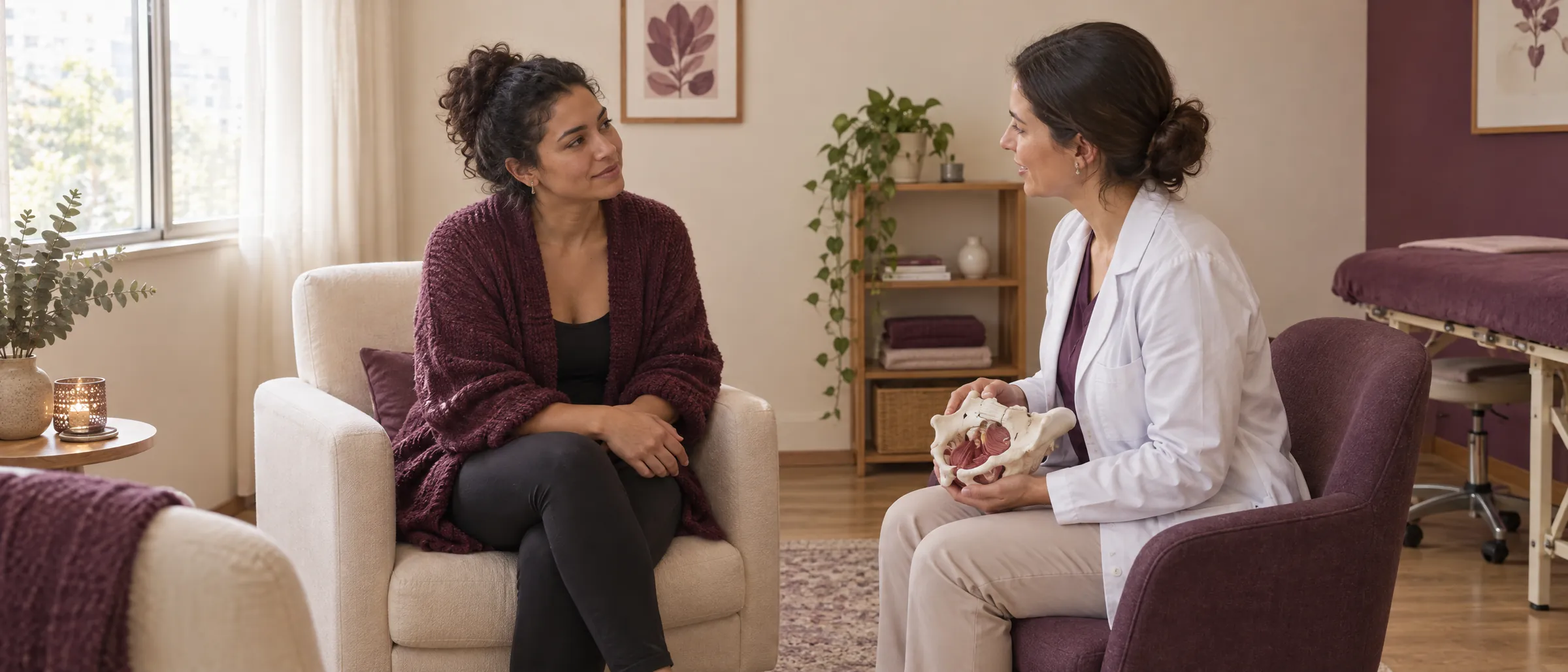Fisioterapeuta conversa com a paciente e mostra um modelo da pelve, em sala reservada