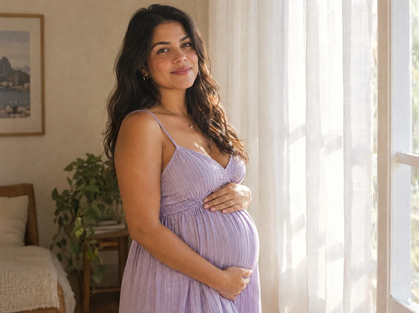 Gestante sorri à janela, com a mão sobre a barriga